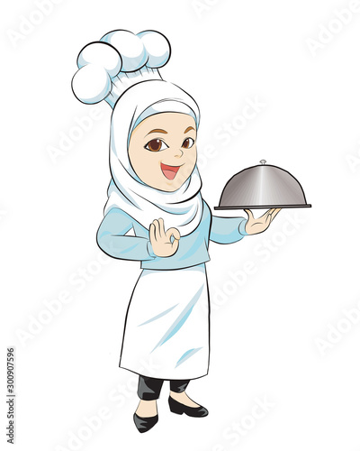 Woman Muslim Chef, Chef mascot. vector illustration isolated cartoon hand drawn