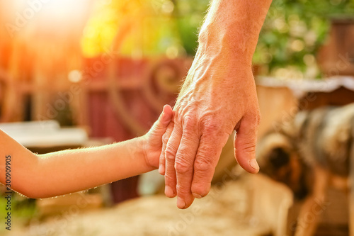 the parent holding the child's hand with a happy background