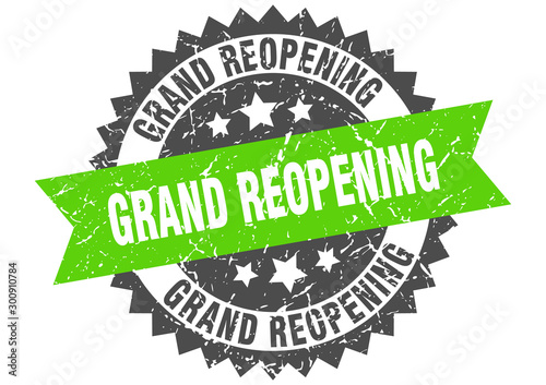 grand reopening grunge stamp with green band. grand reopening
