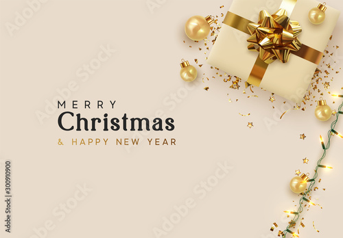 Holiday background Merry Christmas and Happy New Year. Xmas design with realistic objects, beige gift box, golden ball, light lamp garland, glitter gold confetti. Festive banner, poster, flat top view