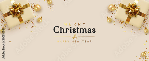 Holiday banner Merry Christmas and Happy New Year. Xmas design with realistic objects, beige gift box, golden balls, stast tinsel, glitter gold confetti. Festive horizontal poster, flat top view