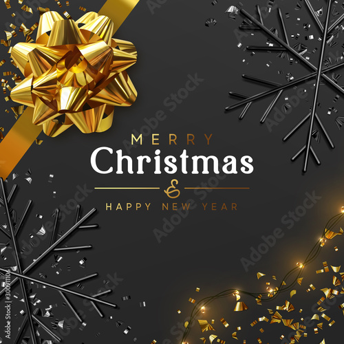 Merry Christmas and Happy New Year. Dark background with golden realistic magnificent gif bow, light yellow bulb garlands, glitter gold confetti, 3d render black snowflakes. Night Xmas design.