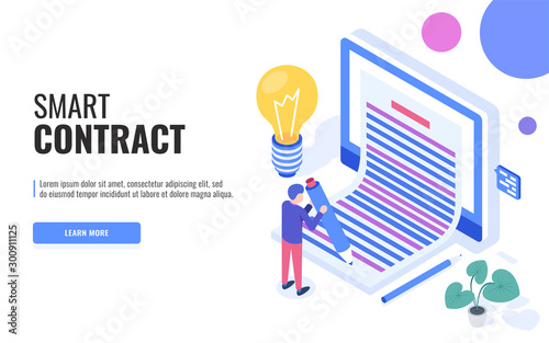 Smart contract concept. User signs a contract. Web banner, infographics. Isometric vector illustration.