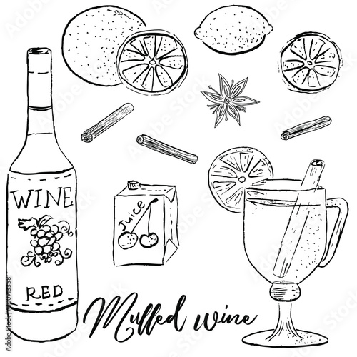 Mulled wine vector illustration. Hot beverage for cold weather, spicy drink, wine