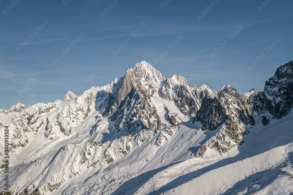 Aerial drone view of Aiguille du plan, on top of French Alps