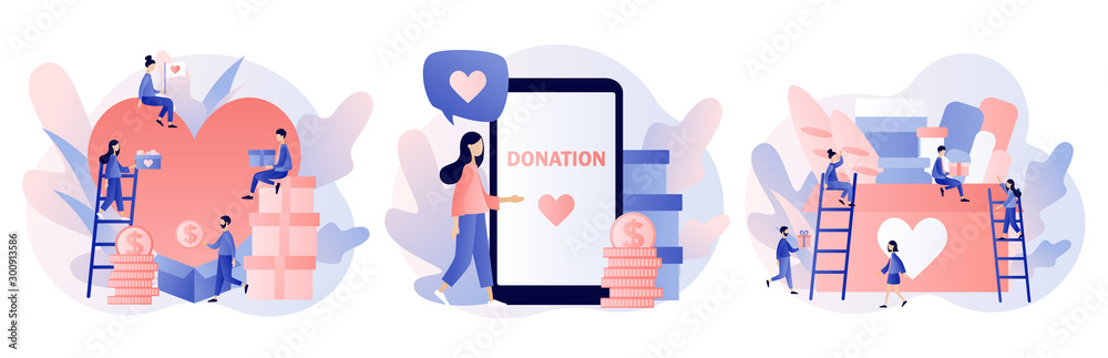 Donation and volunteers work concept. Tiny people help charity and sharing hope. Modern flat cartoon style. Vector illustration Donation and volunteers work concept. Tiny people help charity and sharing hope. Modern flat cartoon style. Vector illustration