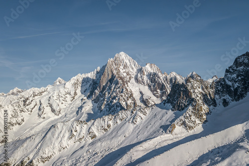 Aerial drone view of Aiguille du plan, on top of French Alps