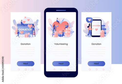 Donation and volunteers work concept. Screen template for mobile smart phone. Modern flat cartoon style. Vector illustration