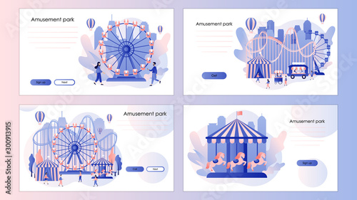 Amusement park concept. City fun fair and Carnival. Screen template for mobile smart phone, landing page, template, ui, web, mobile app, poster, banner, flyer. Modern flat cartoon style. Vector 