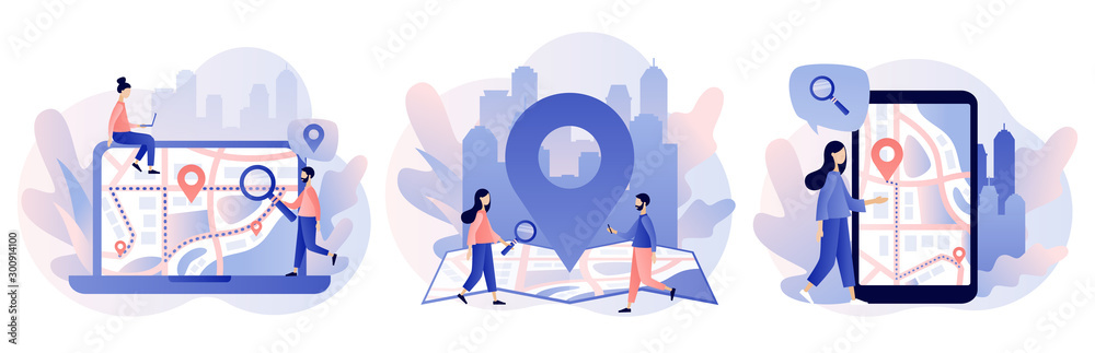 GPS navigation concept. Tiny people search on location. Online map. We have moved. Modern flat cartoon style. Vector illustration Stock Vector | Stock