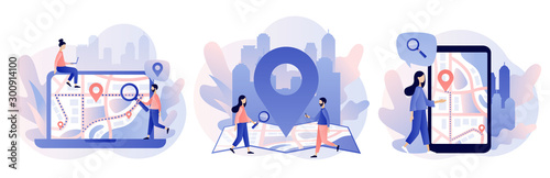 GPS navigation concept. Tiny people search on location. Online map. We have moved. Modern flat cartoon style. Vector illustration