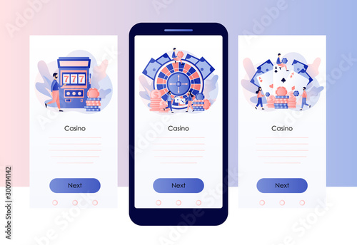 Casino and Gambling Concept. Tiny people gaming gambling games. People play Poker, Roulette, Slot Machine. Screen template for mobile smart phone. Modern flat cartoon style. Vector illustration