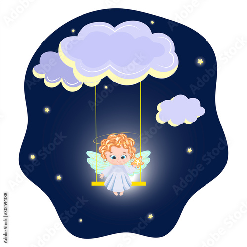 Cute little blond angel with big eyes swing on teeter board in night heaven among clouds. Vector illustration for kid christianity card.