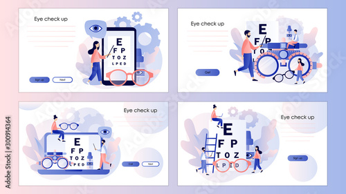 Ophthalmology concept. Eye check up. Ophthalmologist. Screen template for mobile smart phone, landing page, template, ui, web, mobile app, poster, banner, flyer. Modern flat cartoon style. Vector
