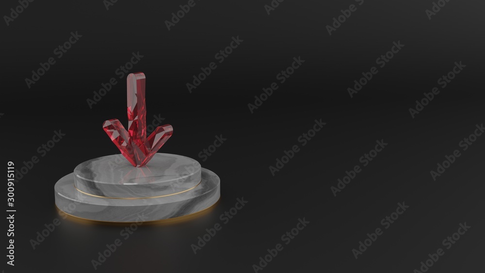 3D rendering of red gemstone symbol of down arrow icon