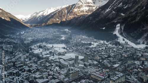Aerial drone view of Chamonix Mont Blanc, in French Alps