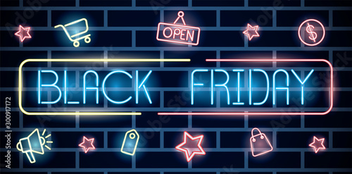 black friday neon label with set icons