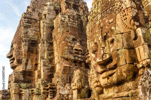Scenic view of towers with stone faces of Bayon temple