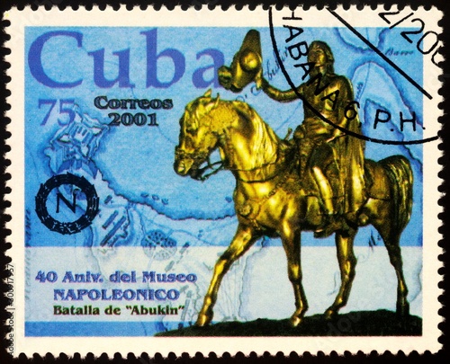 Statuette of French Emperor Napoleon Bonaparte on postage stamp