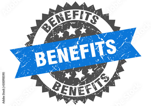 benefits grunge stamp with blue band. benefits