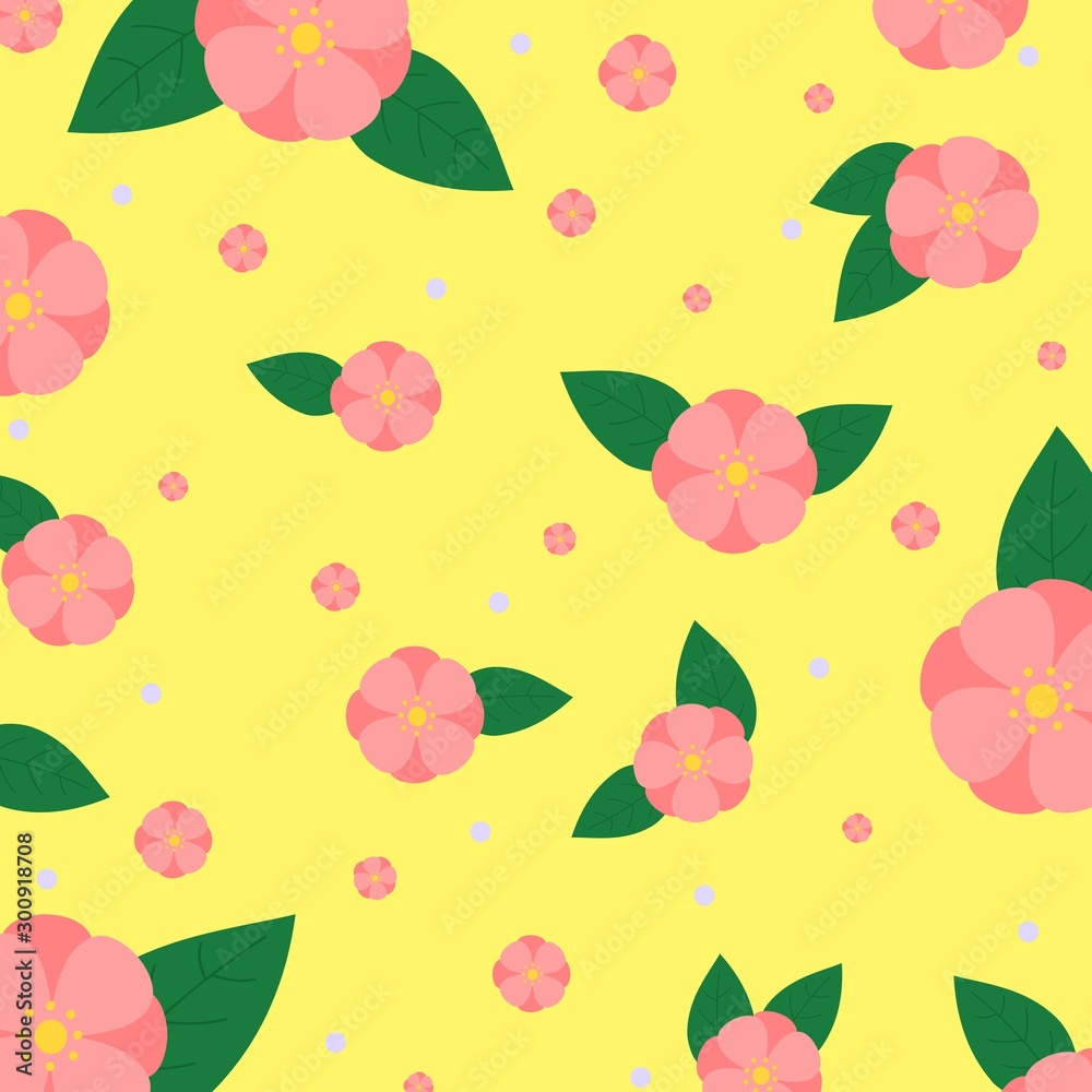 Pink sweet asian flower leave and pastel purple polka dot on yellow background