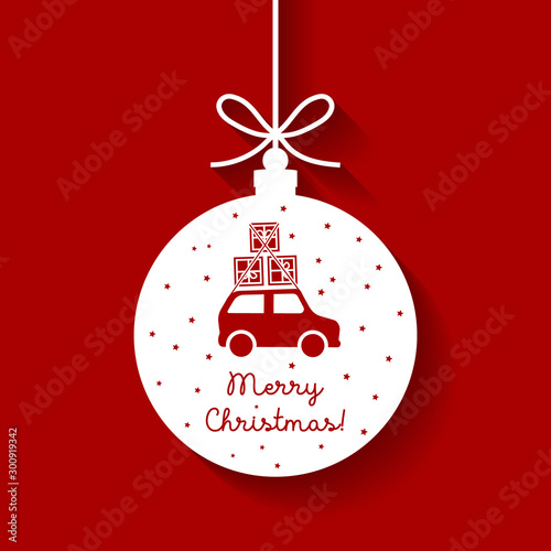 Modern paper cutout style hanging red christmas ornament with merry christmas text and gift boxes on top of a car icon. Traditional christmas ball on flat design.