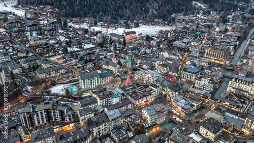Aerial drone view of Chamonix Mont Blanc, in French Alps