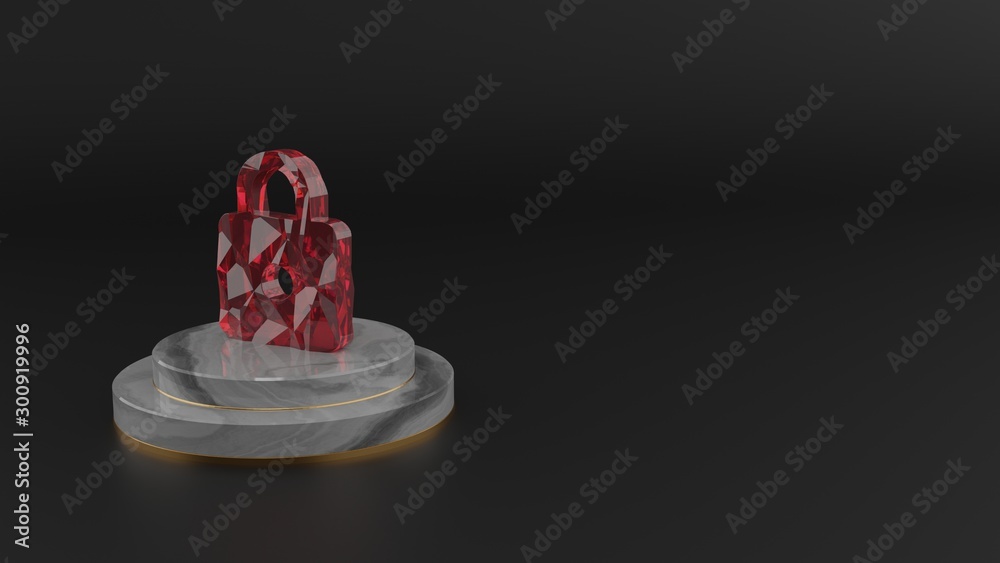 3D rendering of red gemstone symbol of locked padlock icon 3D rendering of red gemstone symbol of locked padlock icon