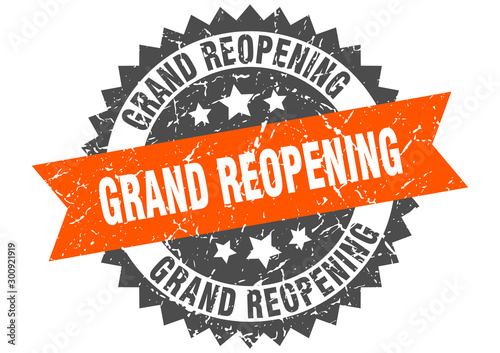 grand reopening grunge stamp with orange band. grand reopening