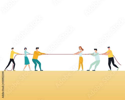 Business competition vector concept with teams in tug of war pulling rope. Symbol of competitive fight, struggle, challenge for leadership. Eps10 illustration