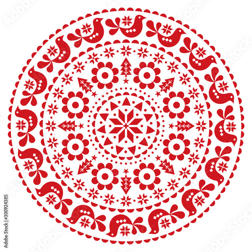 Christmas Scandinavian folk vector design mandala- winter round festive pattern, cute floral ornament with birds and snowflakes in red on white background