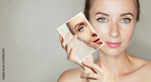 woman face with square zoom photo of old wrinkled skin. Template for design banner with copy space