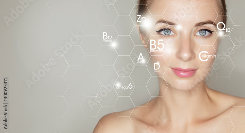 woman face portrait with graphic icons of vitamins and minerals for skin treatment
