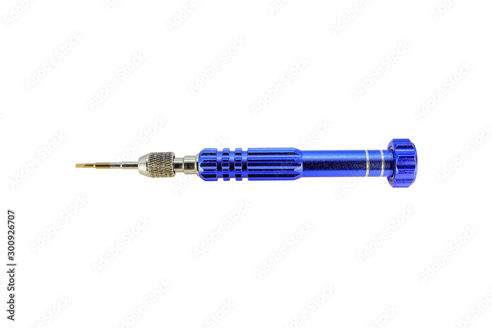 Steel watch screwdriver in blue silver case with bearing in cap isolated on white background Steel watch screwdriver in blue silver case with bearing in cap isolated on white background