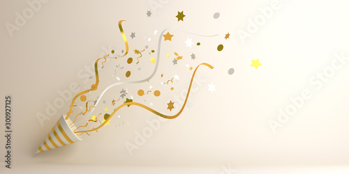 Εκτύπωση καμβά Happy New Year design creative concept, gold and white party popper cone and glittering confetti background