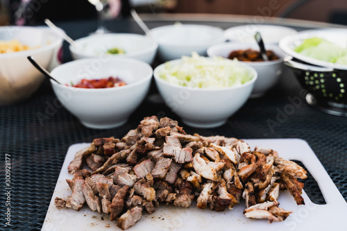 Pork meat chopped into cubes for burritos 