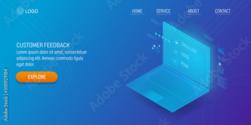 Customer feedback concept. Isometric abstract style web banner, landing page.