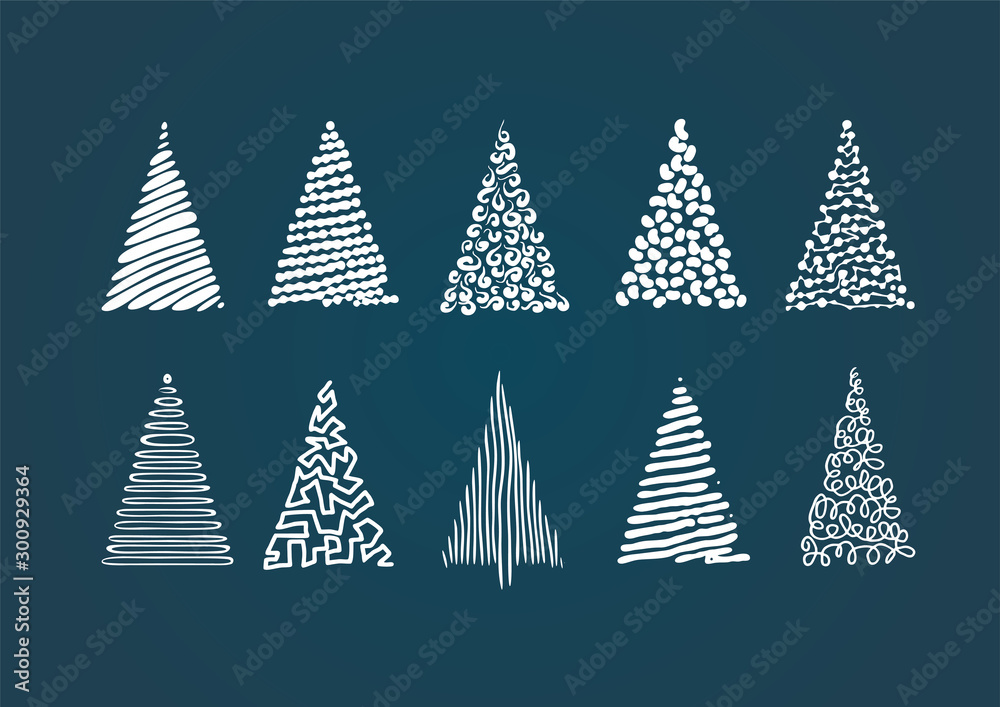 Christmas trees hand drawn doodle set for greeting cards or gift wrapping with irregular shapestyle