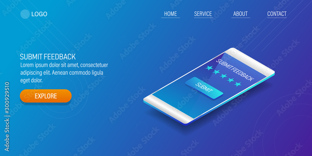 Submit your feedback on mobile screen, customer rating app, 3d isometric web banner, landing page.