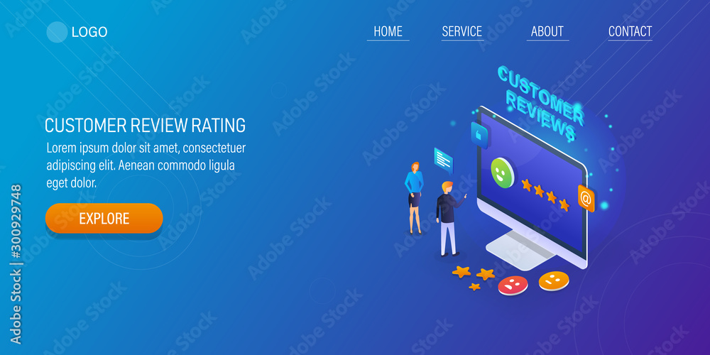 Isometric concept of customer experience,  clients giving feedback online concept. Web banner template.