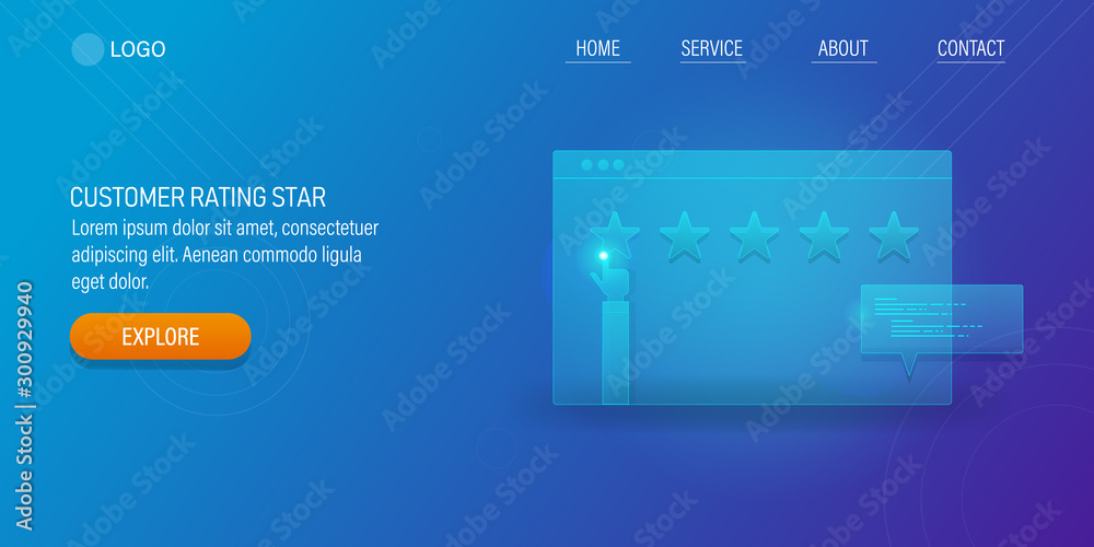 Customer rating, review, hand giving five star rating, abstract style web banner template.