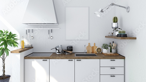 Mockup Artwork Frame in Modern Kitchen, 3D Rendering, 3D Illustration