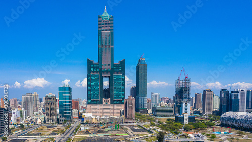Aerial view Kaohsiung city with blue sky background and Kaohsiung harbor, Taiwan. photo
