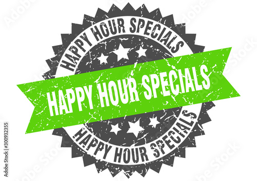 happy hour specials grunge stamp with green band. happy hour specials