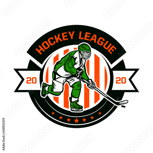 Hockey league badge logo template with player illustration