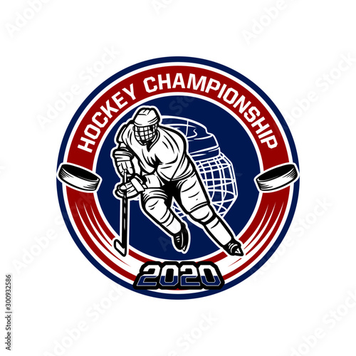 Hockey championship 2020 badge template with hockey player illustration