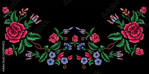 Embroidery neckline pattern with garden flowers. Vector embroidered floral patch