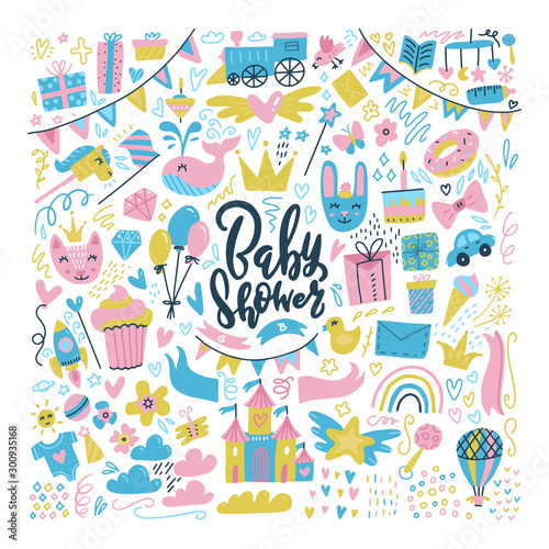 Baby shower design elements, toys and clothes. Big Set of baby icons and simple patterns. Flat hand drawn doodle illustration.