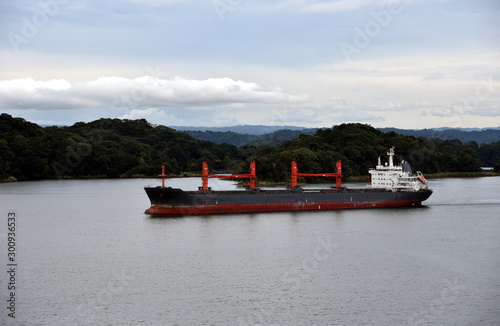 Landscape of the Gatun Lake on a cloudy day, Panama Canal. Cargo ships sailing toward Gatun Locks. 
