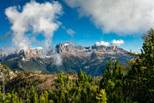 Panoramic view of the Rosengarten alpine mountain group near Tiers in South Tyrol